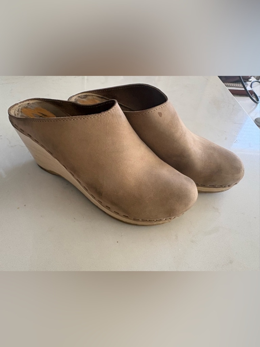 No. 6 Women’s Tan Leather Wedge Clogs - Picture 2 of 8